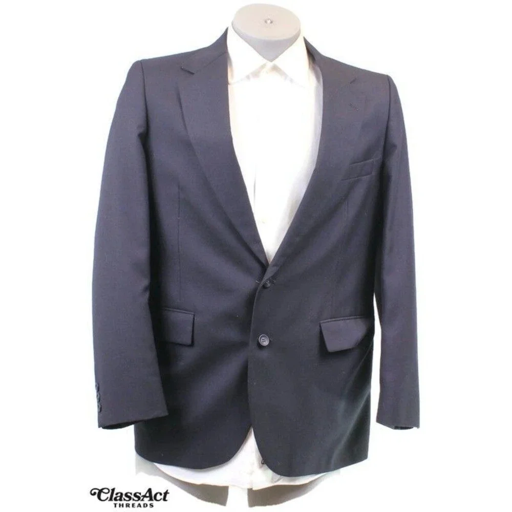 VTG American Trend Mens Solid Blue 2 Btn Wol Blend 40R Flat Fronts 34